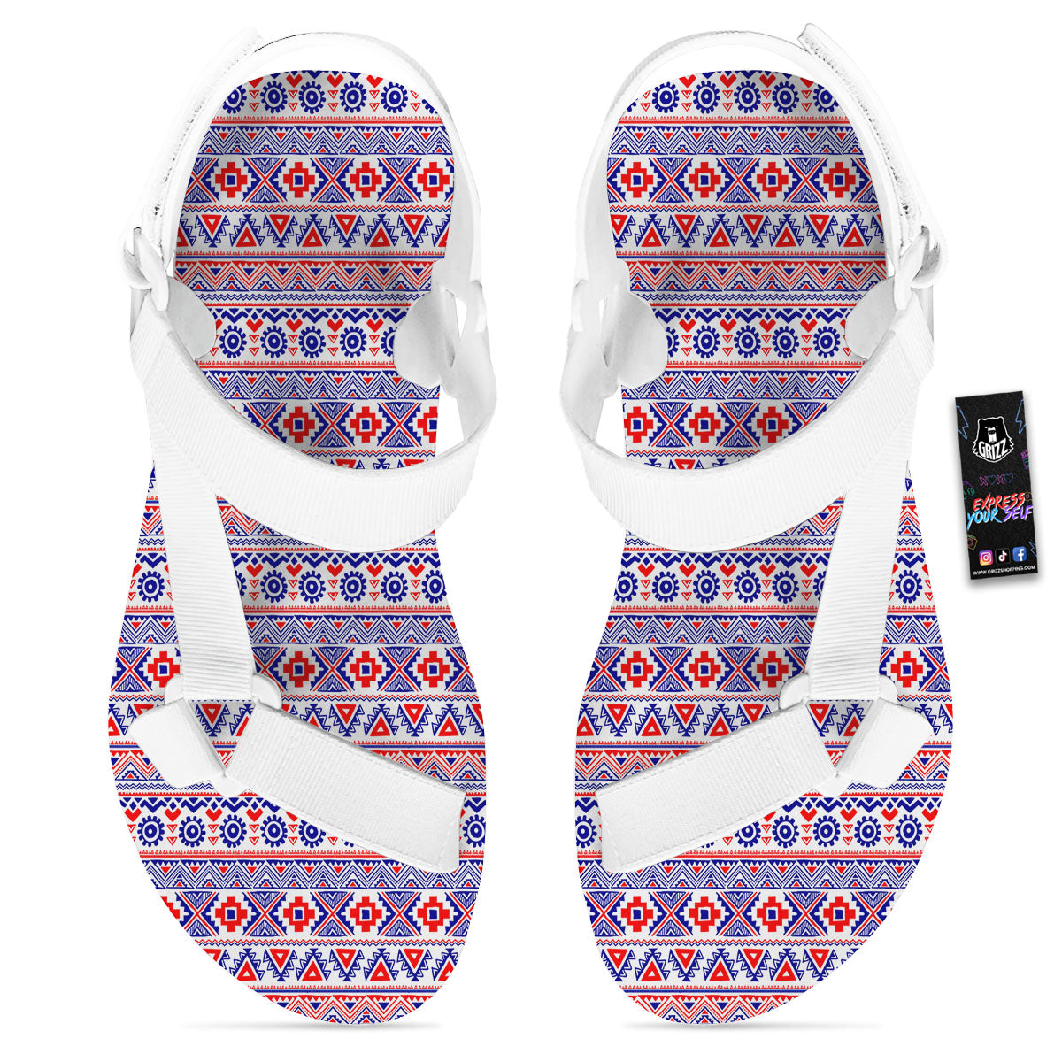 Aztec Red And Blue Print Pattern White Open Toe Sandals-grizzshop
