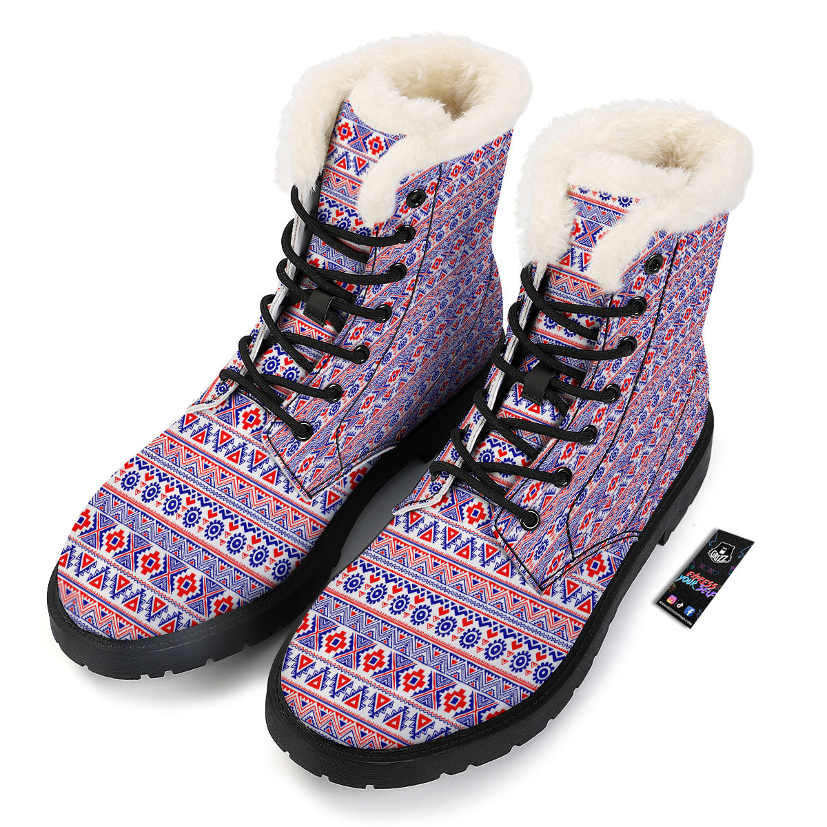 Aztec Red And Blue Print Pattern Winter Boots-grizzshop
