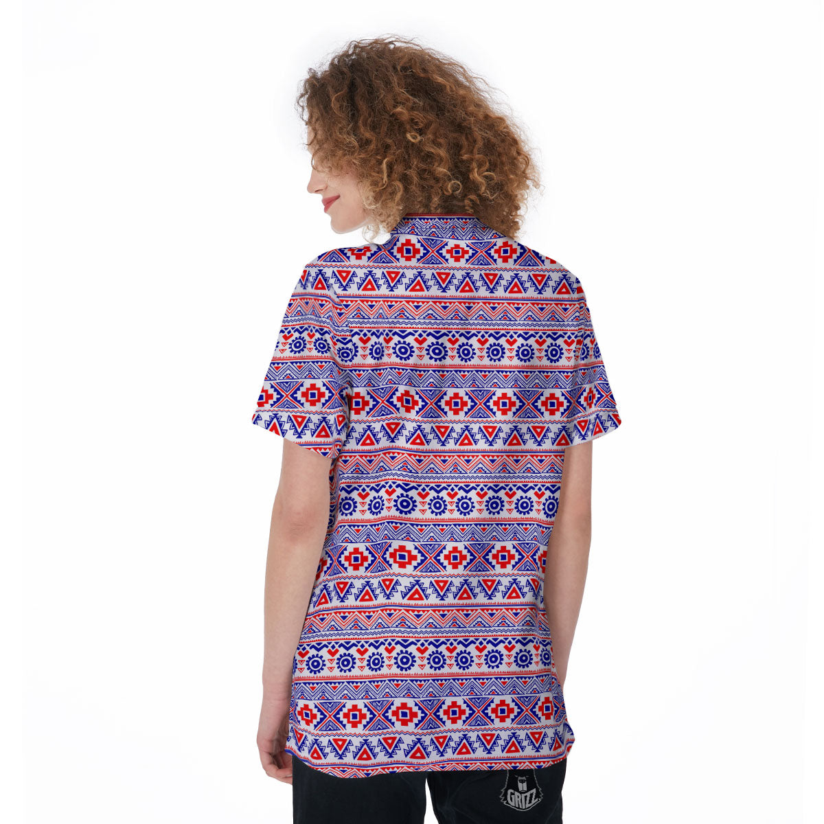 Aztec Red And Blue Print Pattern Women's Golf Shirts-grizzshop