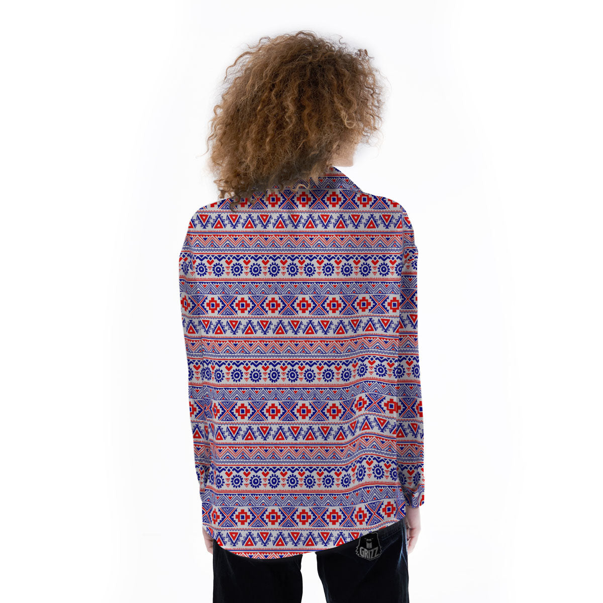 Aztec Red And Blue Print Pattern Women's Long Sleeve Shirts-grizzshop