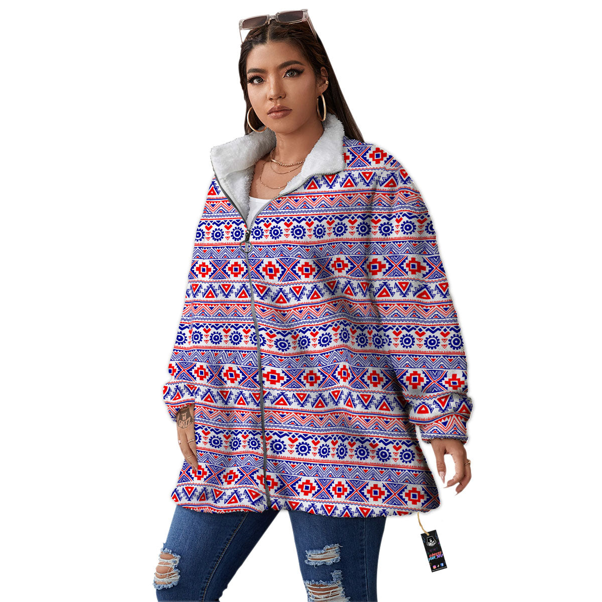 Aztec Red And Blue Print Pattern Women's Sherpa Jacket-grizzshop
