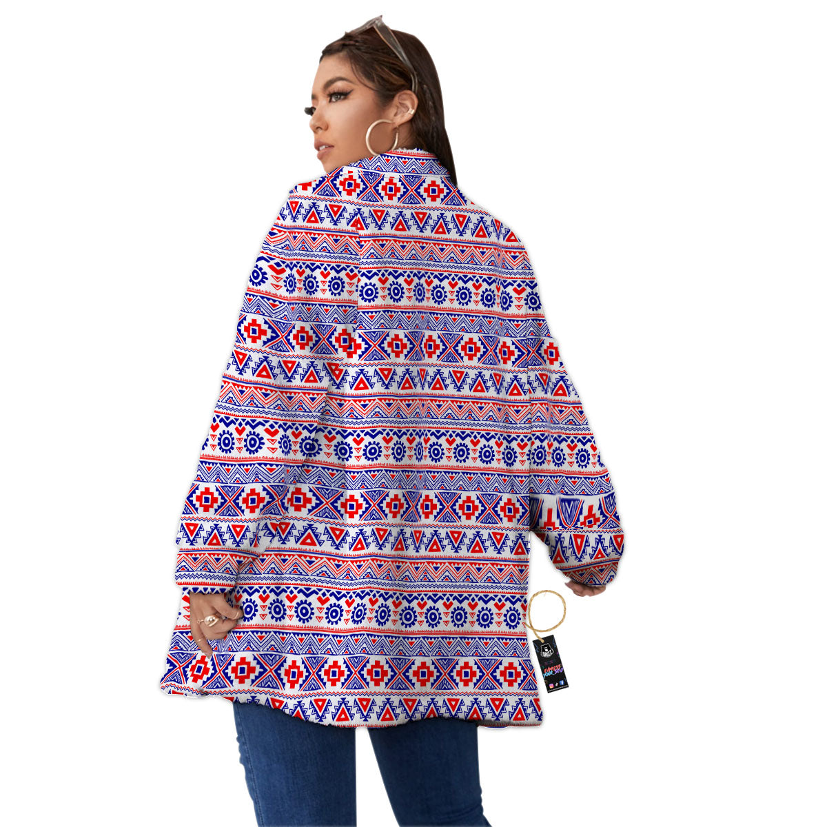 Aztec Red And Blue Print Pattern Women's Sherpa Jacket-grizzshop