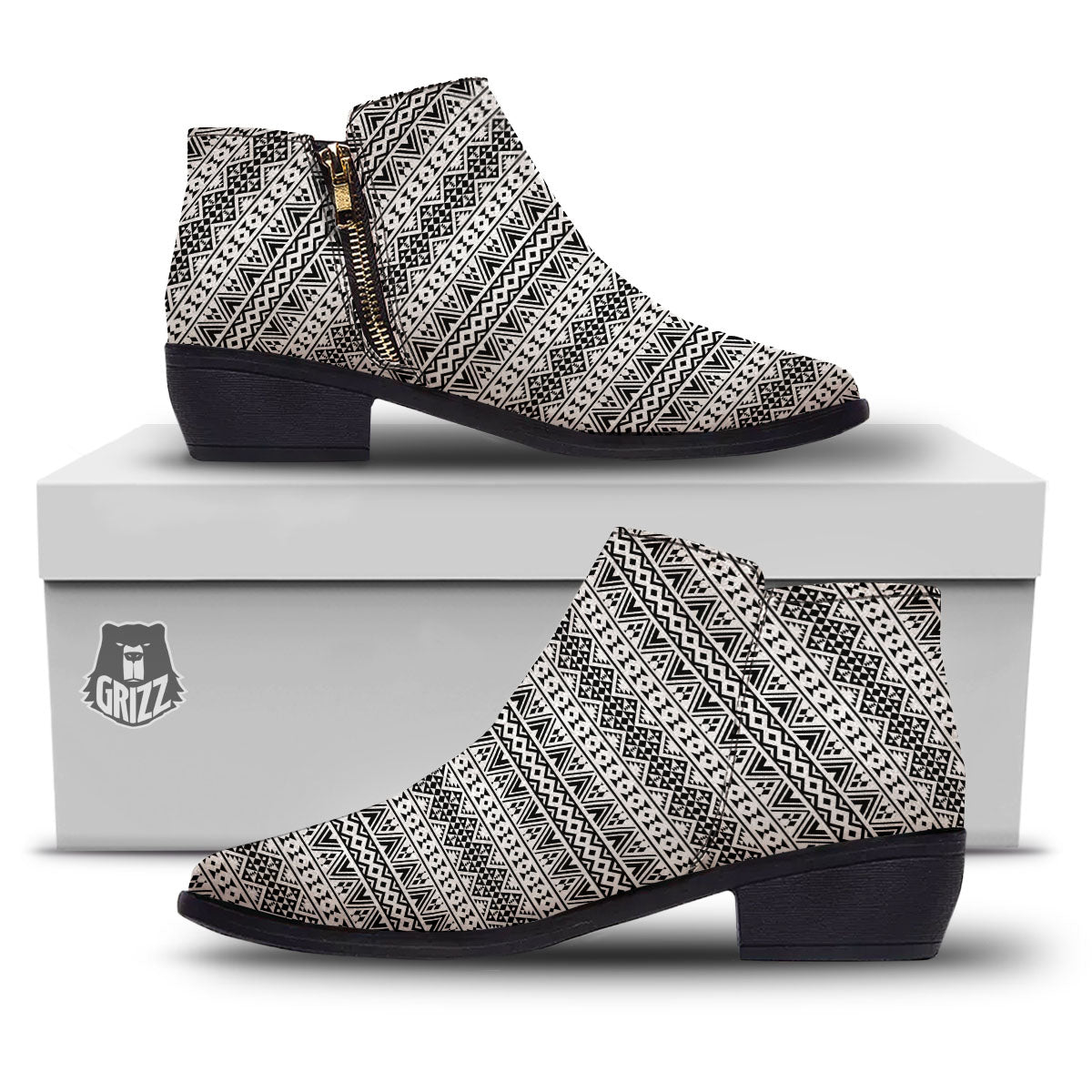 Aztec Texture White And Black Print Pattern Ankle Boots-grizzshop