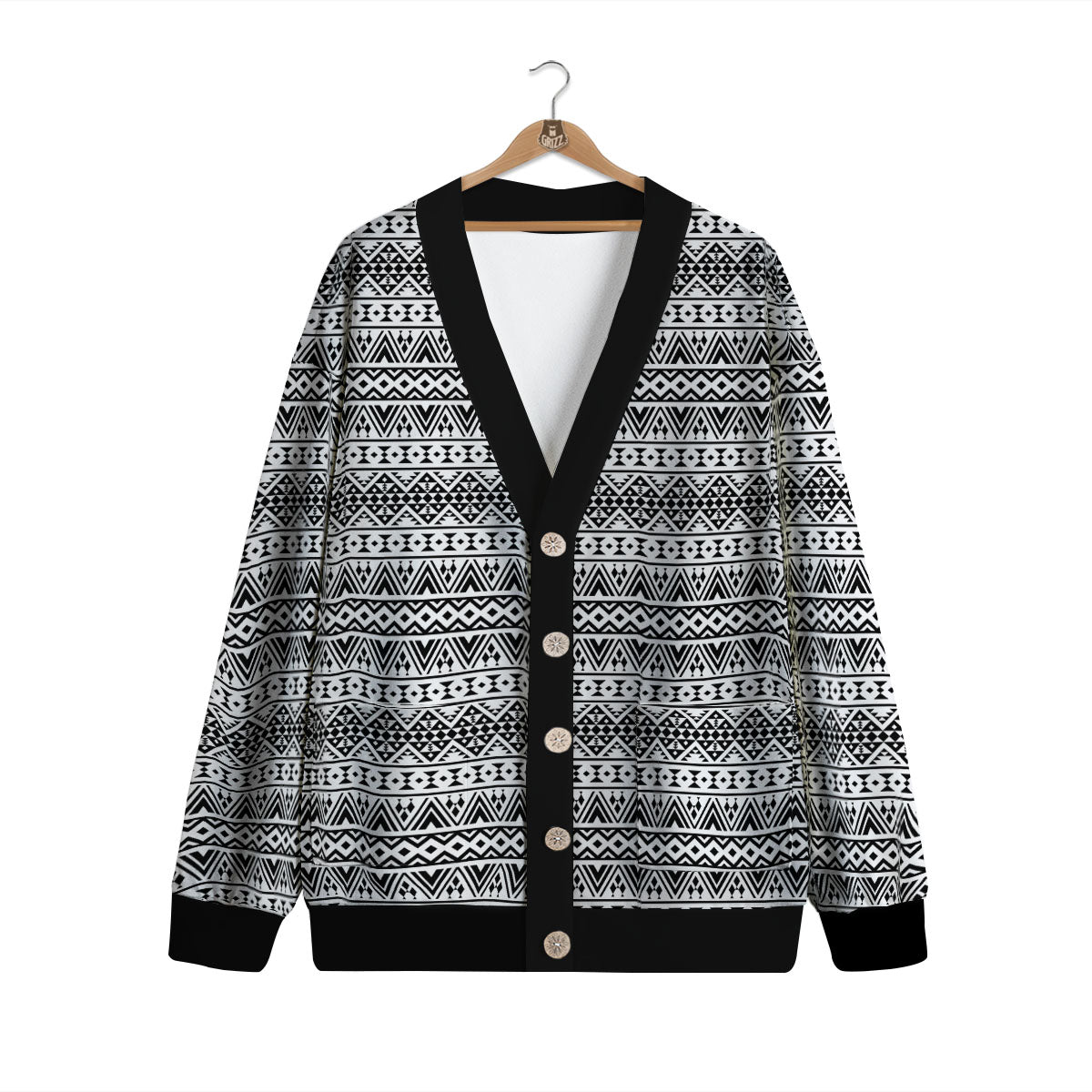 Aztec Texture White And Black Print Pattern Cardigan-grizzshop