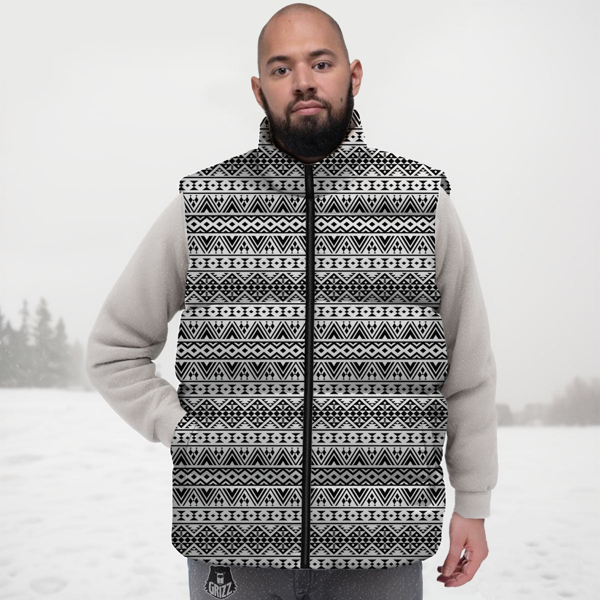 Aztec Texture White And Black Print Pattern Down Vest-grizzshop