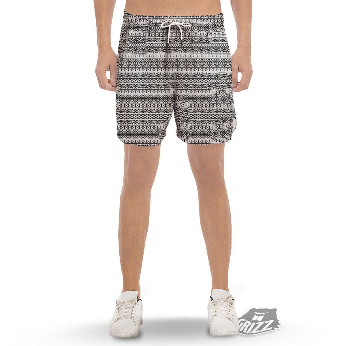 Aztec Texture White And Black Print Pattern Men's Gym Shorts-grizzshop