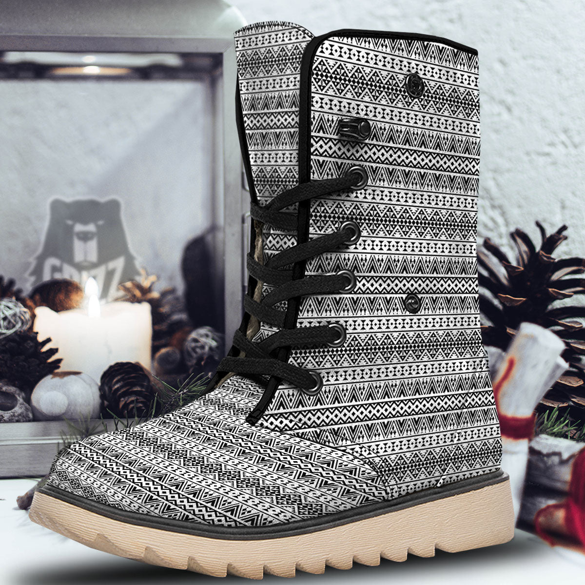 Aztec Texture White And Black Print Pattern Snow Boots-grizzshop