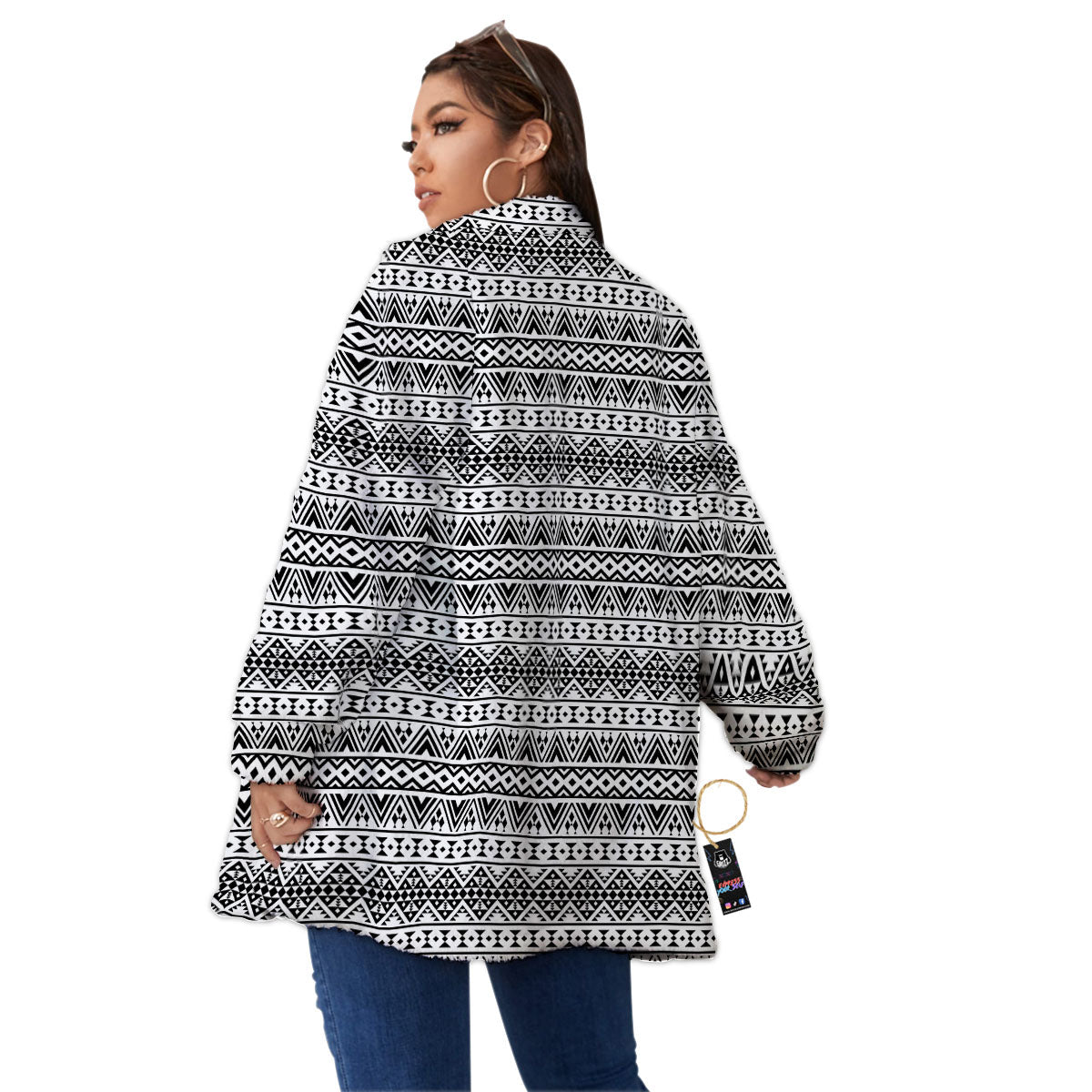 Aztec Texture White And Black Print Pattern Women's Sherpa Jacket-grizzshop