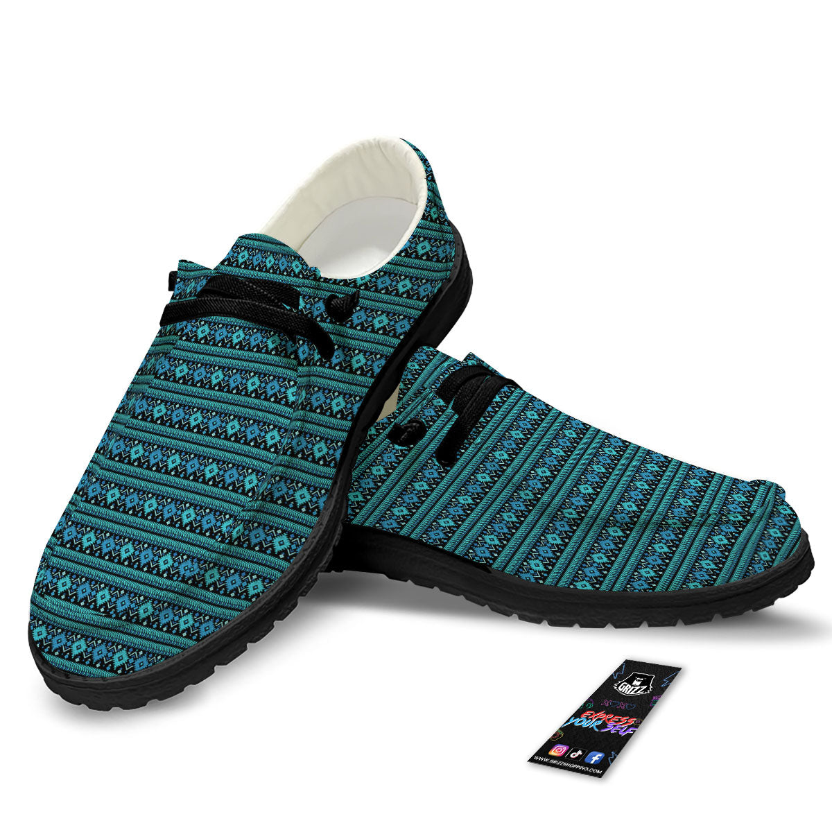 Aztec Tribal Blue Native Print Pattern Black Loafers-grizzshop