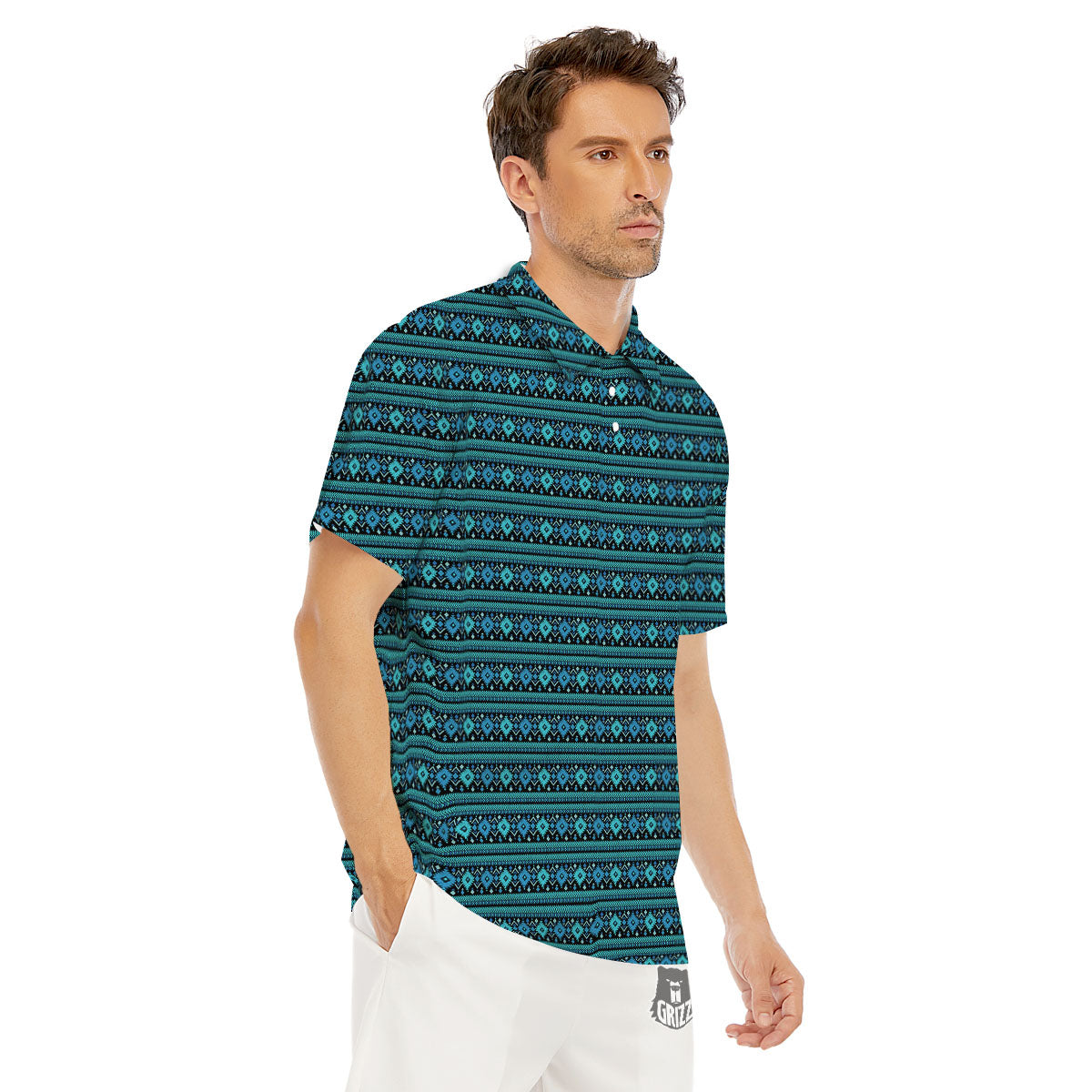 Aztec Tribal Blue Native Print Pattern Men's Golf Shirts-grizzshop