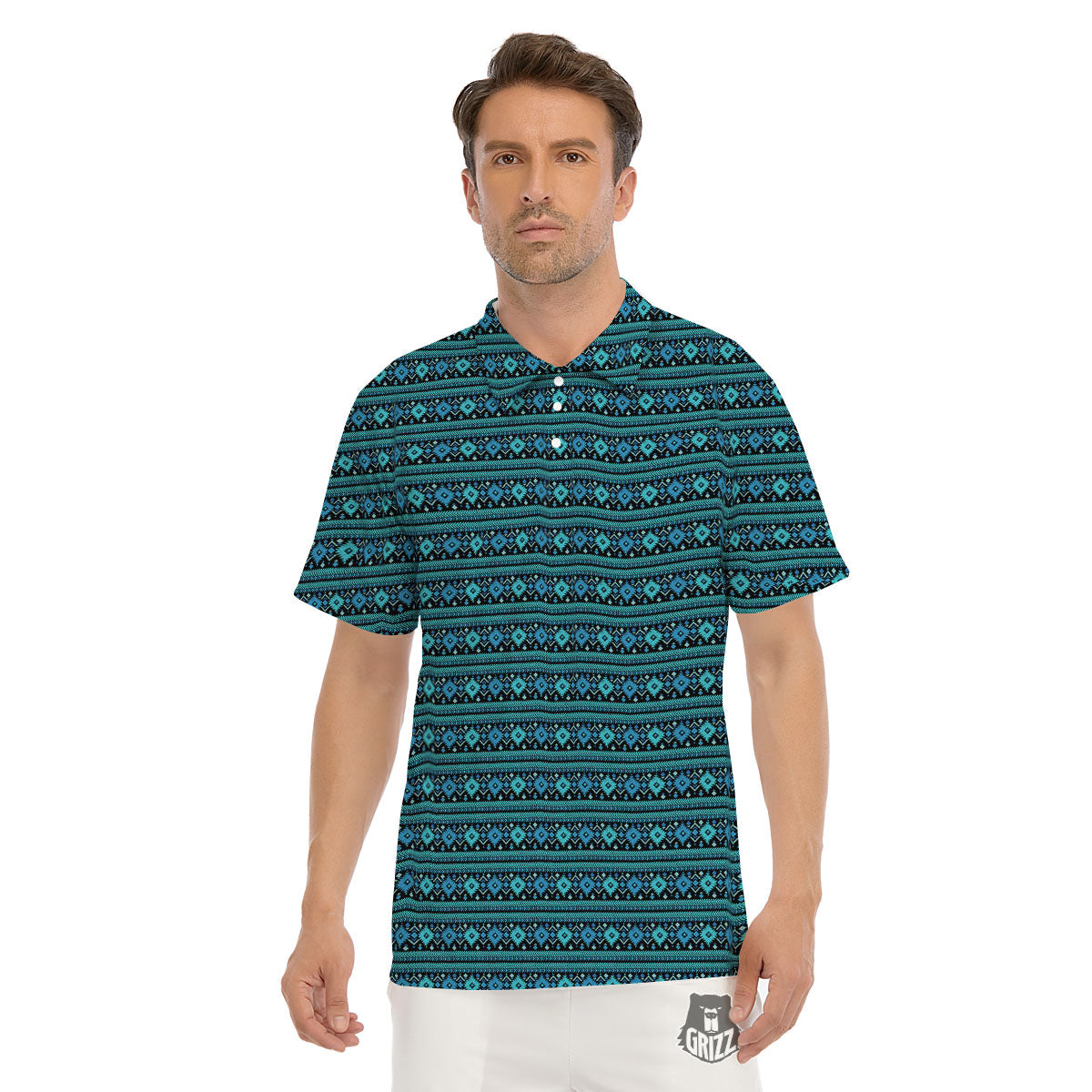 Aztec Tribal Blue Native Print Pattern Men's Golf Shirts-grizzshop