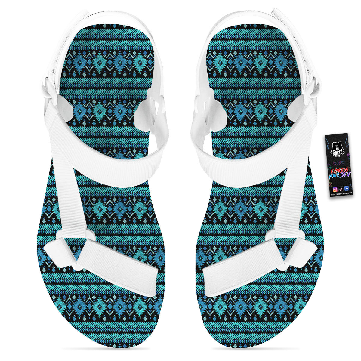 Aztec Tribal Blue Native Print Pattern White Open Toe Sandals-grizzshop
