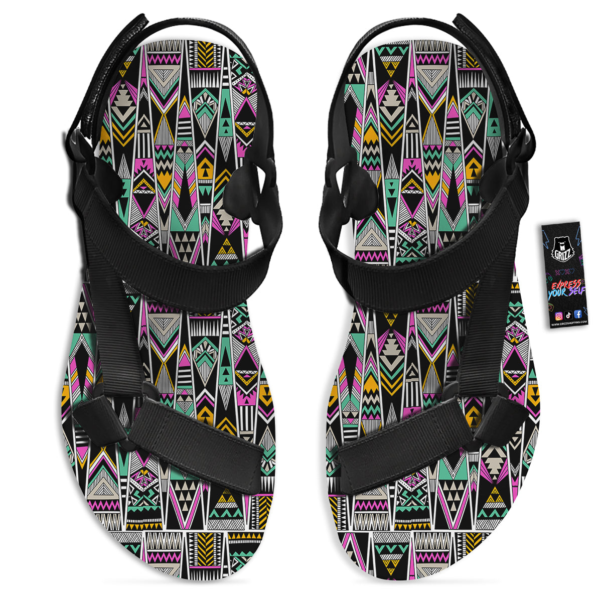 Aztec Tribal Vintage Print Pattern Black Open Toe Sandals-grizzshop