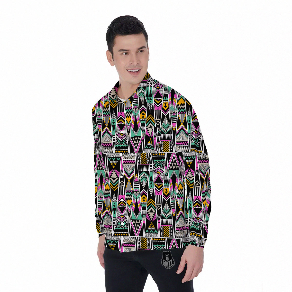 Aztec Tribal Vintage Print Pattern Men's Long Sleeve Shirts-grizzshop