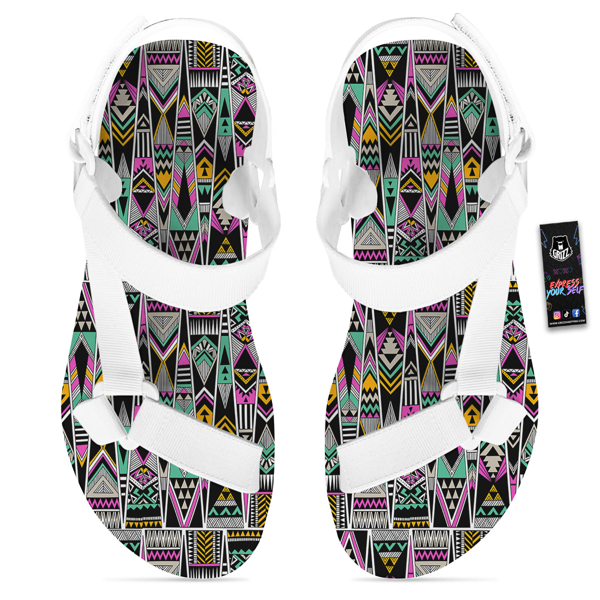 Aztec Tribal Vintage Print Pattern White Open Toe Sandals-grizzshop