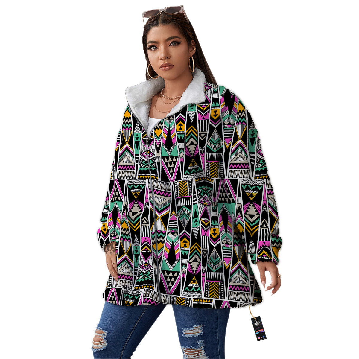 Aztec Tribal Vintage Print Pattern Women's Sherpa Jacket-grizzshop