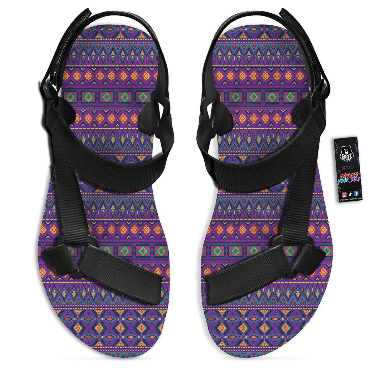 Aztec Trippy Neon Ethnic Print Black Open Toe Sandals-grizzshop