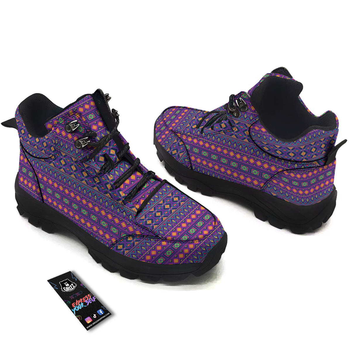 Aztec Trippy Neon Ethnic Print Hiking Shoes-grizzshop