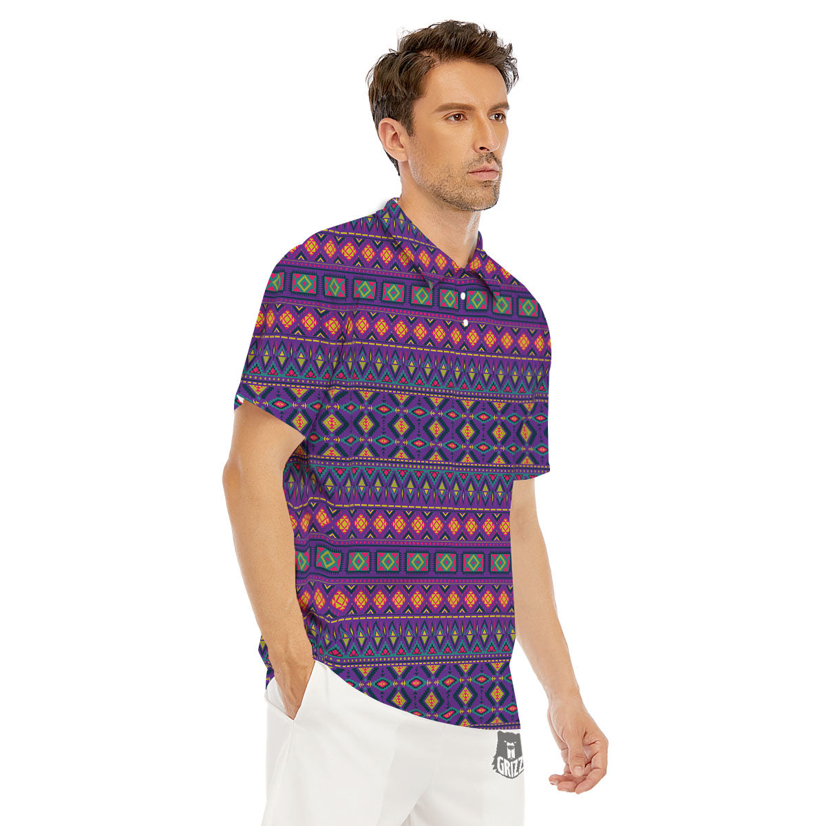 Aztec Trippy Neon Ethnic Print Men's Golf Shirts-grizzshop