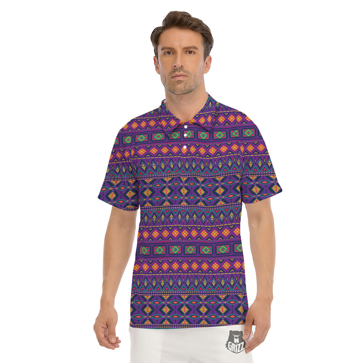 Aztec Trippy Neon Ethnic Print Men's Golf Shirts-grizzshop