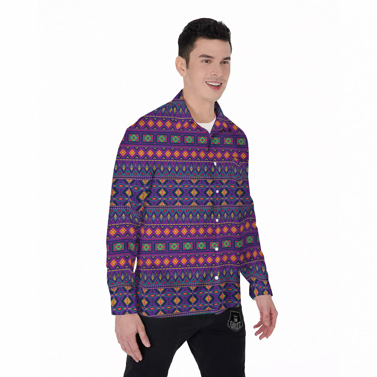 Aztec Trippy Neon Ethnic Print Men's Long Sleeve Shirts-grizzshop