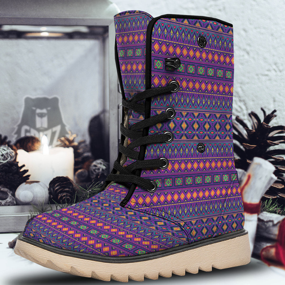 Aztec Trippy Neon Ethnic Print Snow Boots-grizzshop