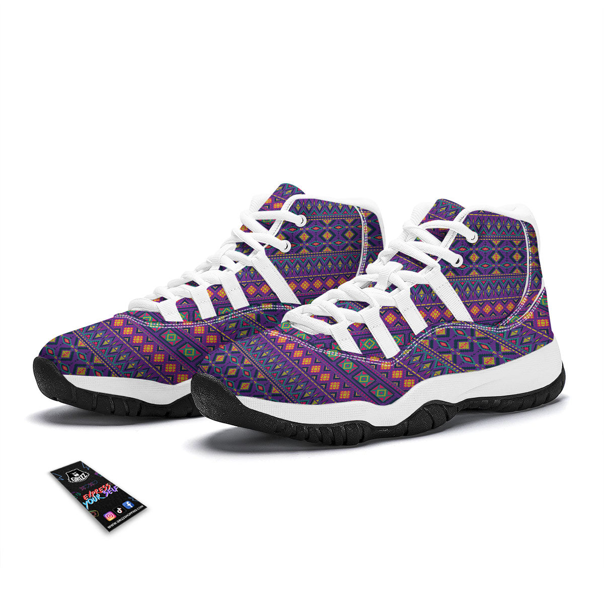 Aztec Trippy Neon Ethnic Print White Bball Shoes-grizzshop