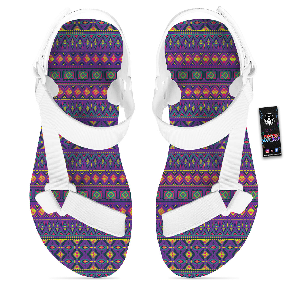 Aztec Trippy Neon Ethnic Print White Open Toe Sandals-grizzshop
