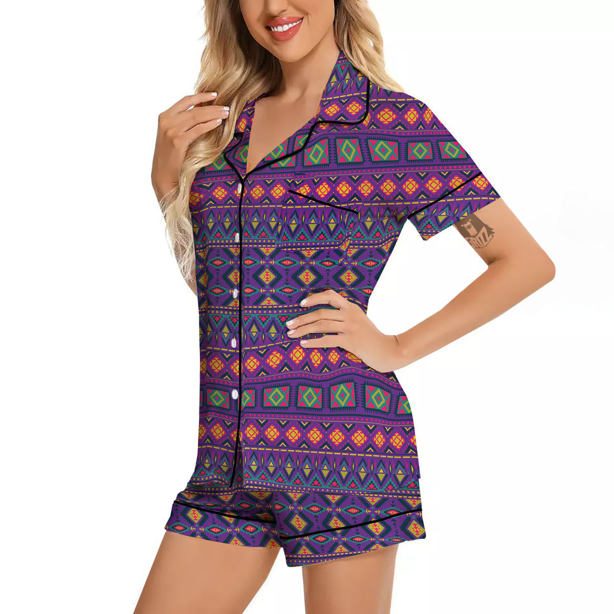 Aztec Trippy Neon Ethnic Print Women Silk Pajamas-grizzshop