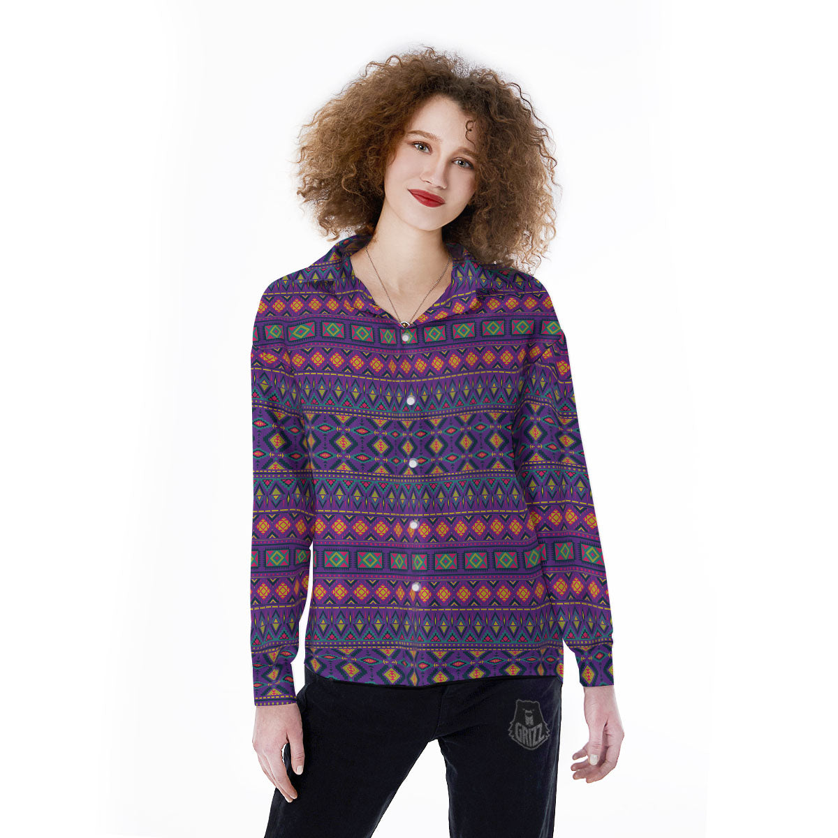 Aztec Trippy Neon Ethnic Print Women's Long Sleeve Shirts-grizzshop