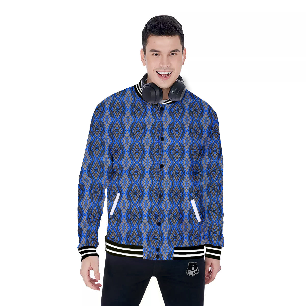 Aztec Trippy Turquoise Ethnic Print Pattern Baseball Jacket-grizzshop