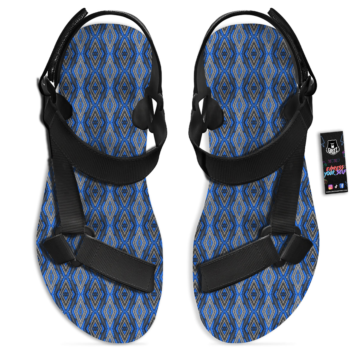Aztec Trippy Turquoise Ethnic Print Pattern Black Open Toe Sandals-grizzshop