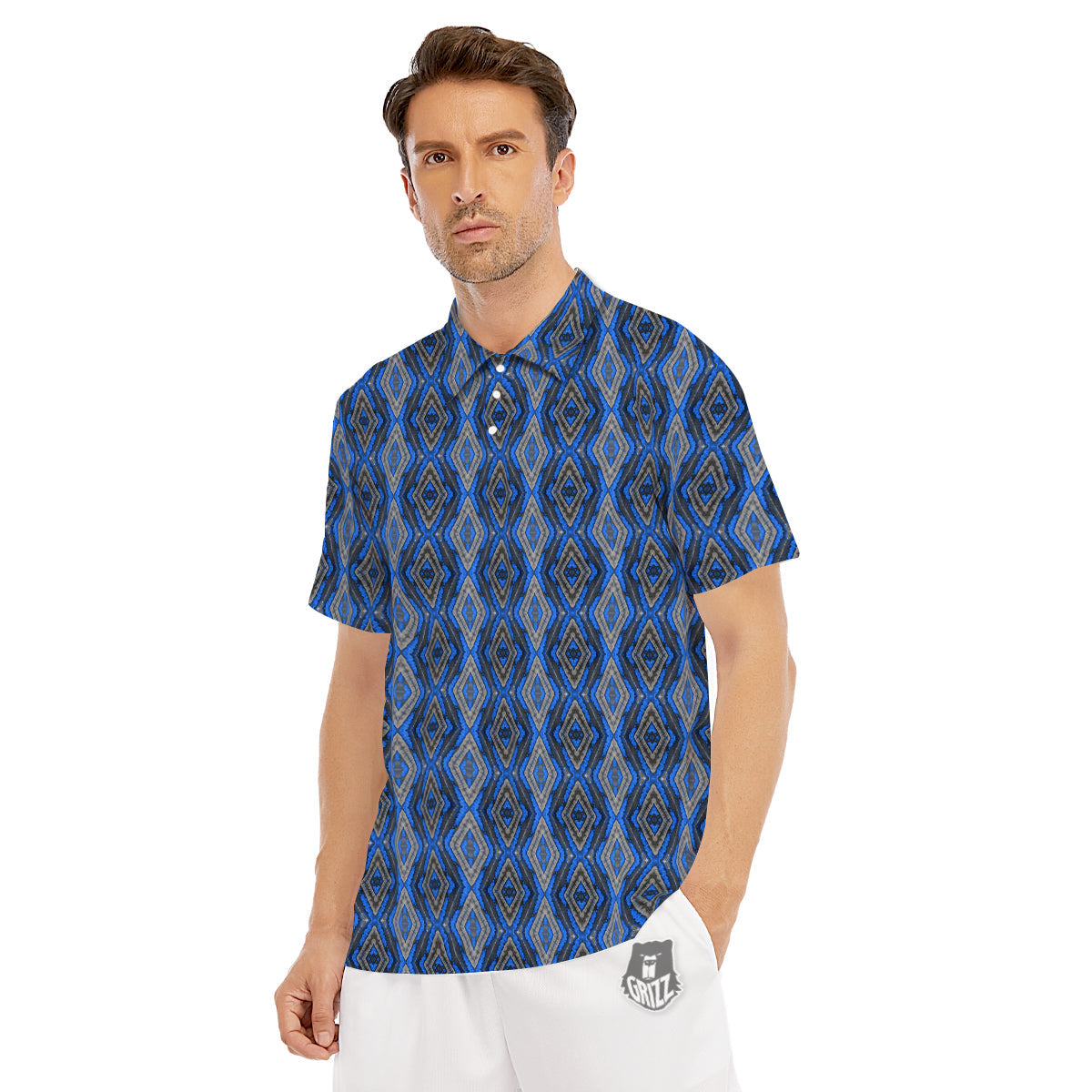 Aztec Trippy Turquoise Ethnic Print Pattern Men's Golf Shirts-grizzshop