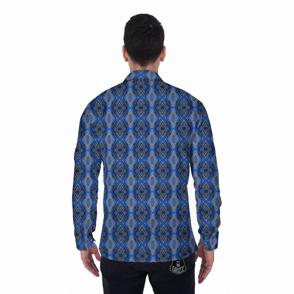Aztec Trippy Turquoise Ethnic Print Pattern Men's Long Sleeve Shirts-grizzshop