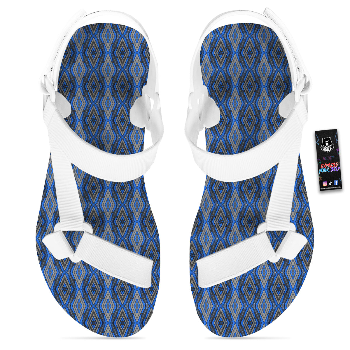 Aztec Trippy Turquoise Ethnic Print Pattern White Open Toe Sandals-grizzshop