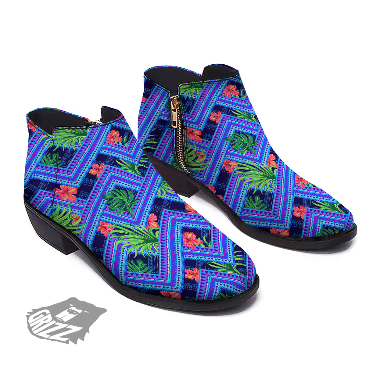 Aztec Tropical Hibiscus Flower Print Pattern Ankle Boots-grizzshop