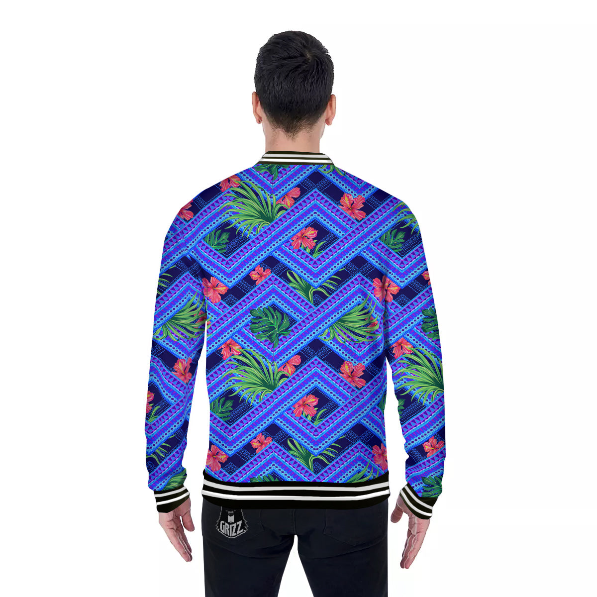 Aztec Tropical Hibiscus Flower Print Pattern Baseball Jacket-grizzshop