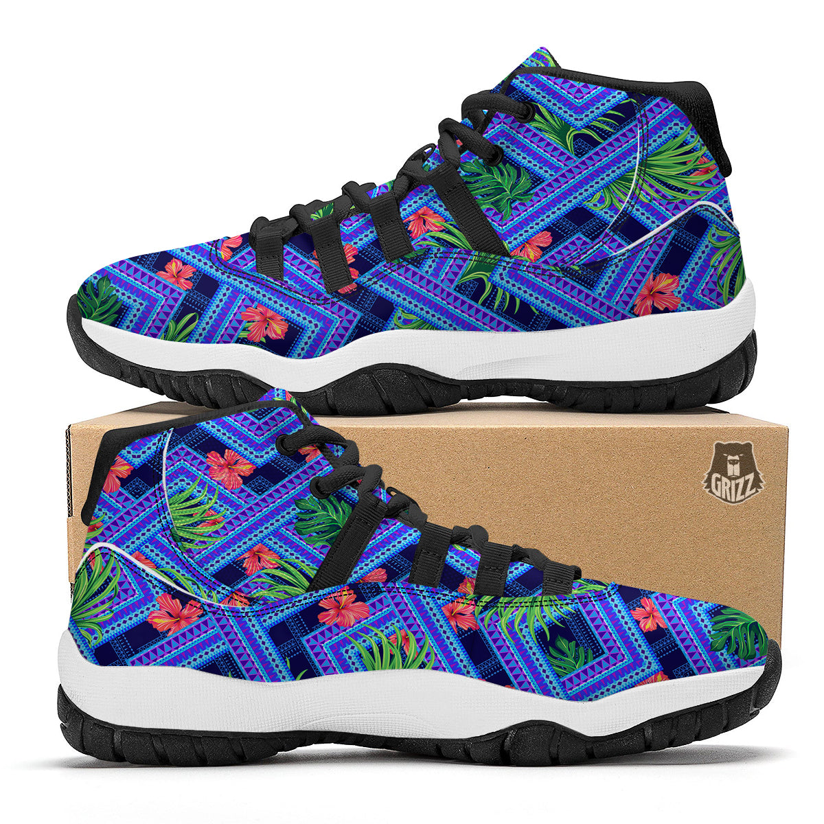 Aztec Tropical Hibiscus Flower Print Pattern Black Bball Shoes-grizzshop