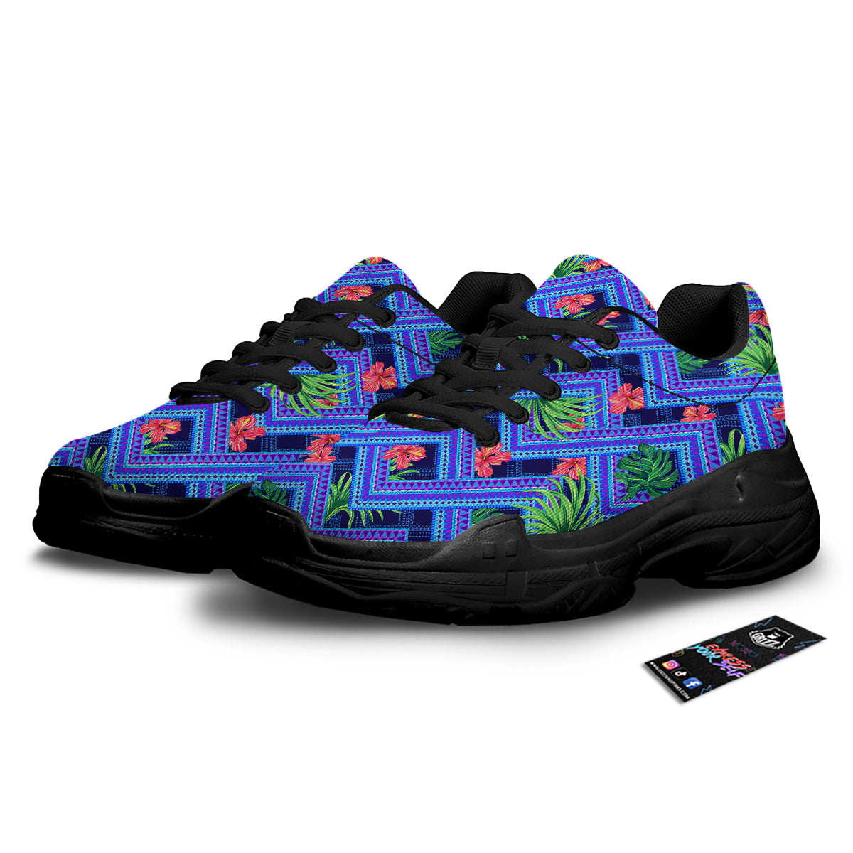 Aztec Tropical Hibiscus Flower Print Pattern Black Chunky Shoes-grizzshop