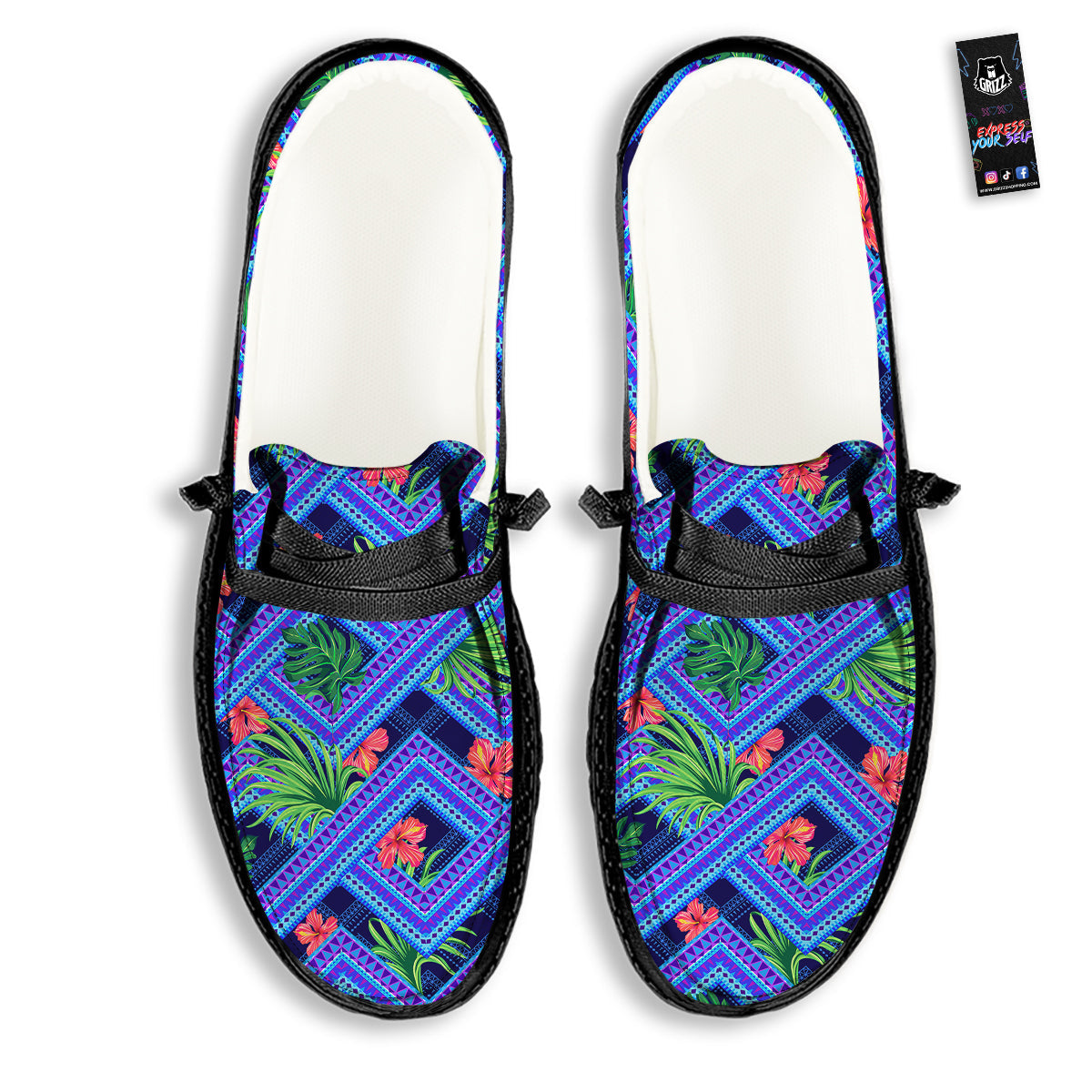Aztec Tropical Hibiscus Flower Print Pattern Black Loafers-grizzshop
