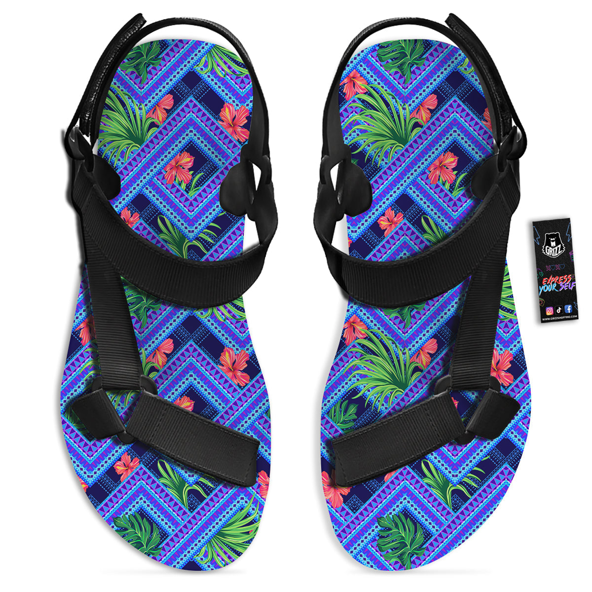 Aztec Tropical Hibiscus Flower Print Pattern Black Open Toe Sandals-grizzshop