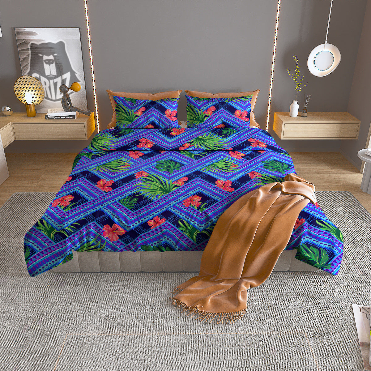 Aztec Tropical Hibiscus Flower Print Pattern Duvet Cover Bedding Set-grizzshop