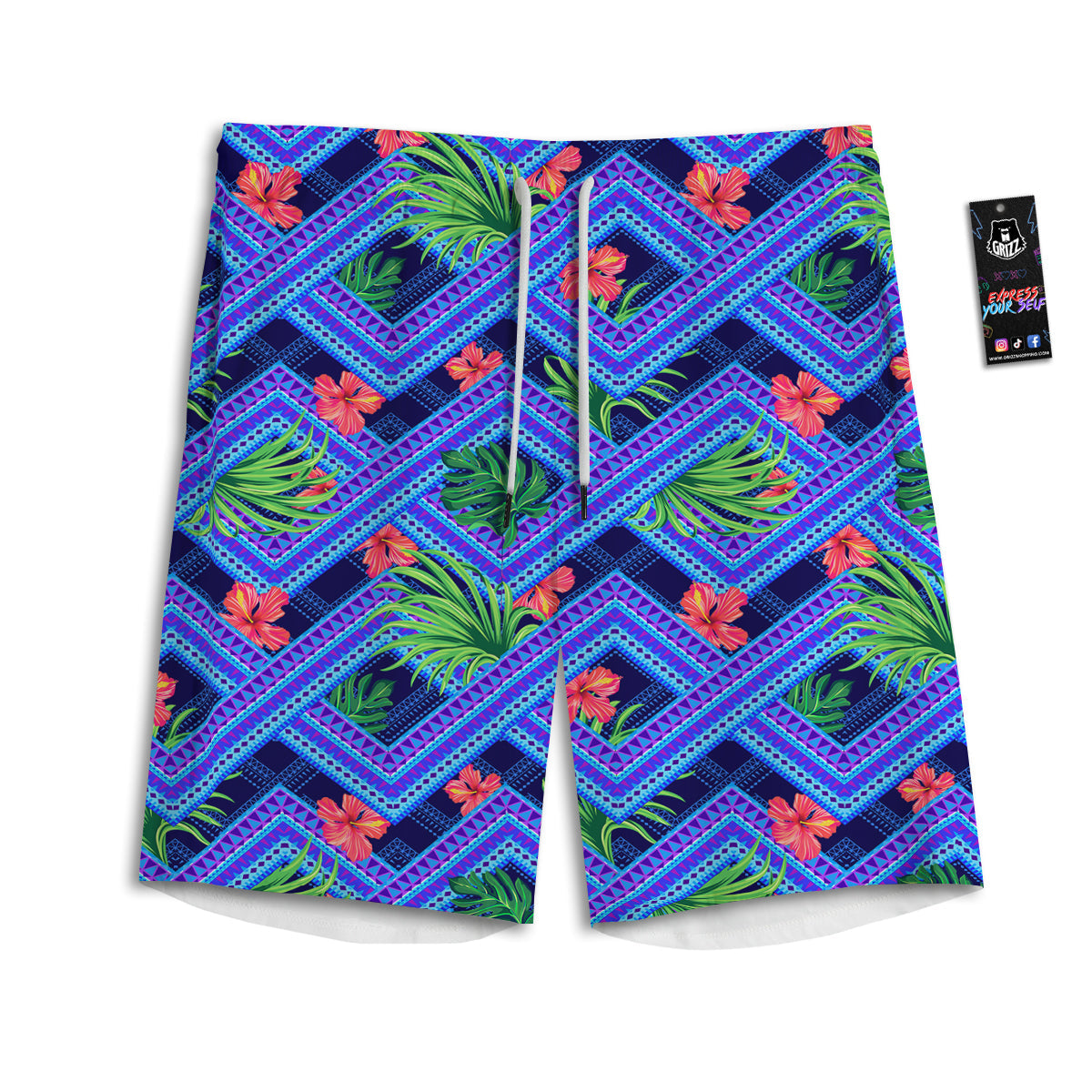 Aztec Tropical Hibiscus Flower Print Pattern Men's Athletic Shorts