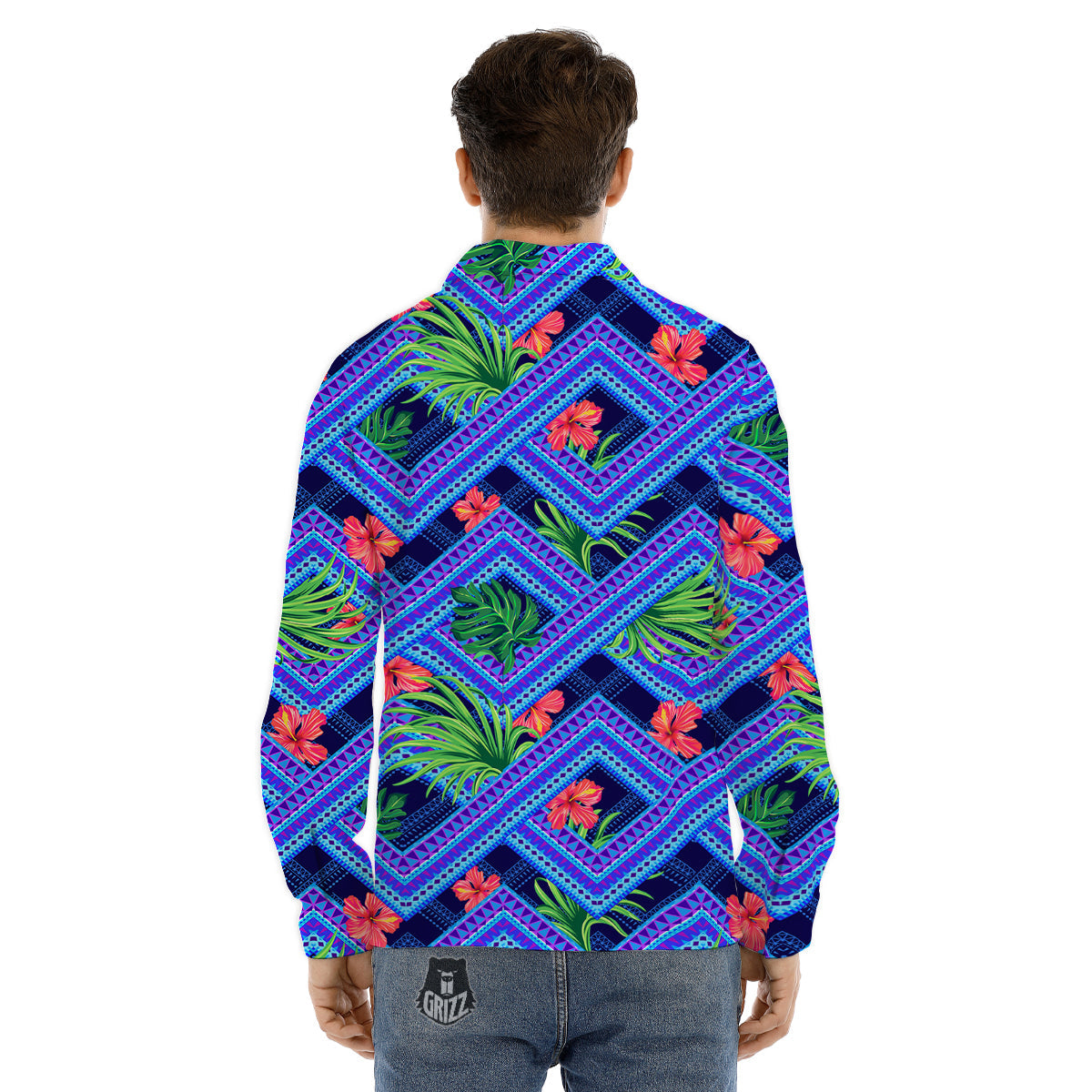 Aztec Tropical Hibiscus Flower Print Pattern Men's Dress Shirts-grizzshop