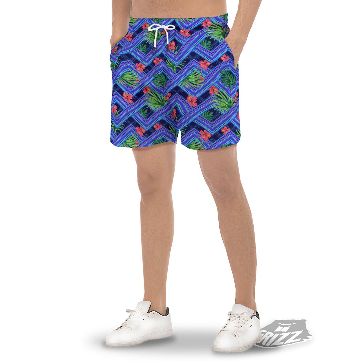 Aztec Tropical Hibiscus Flower Print Pattern Men's Gym Shorts-grizzshop