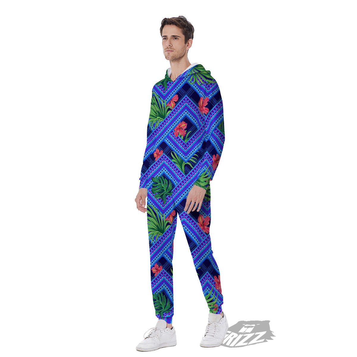 Aztec Tropical Hibiscus Flower Print Pattern Men's Jumpsuit-grizzshop
