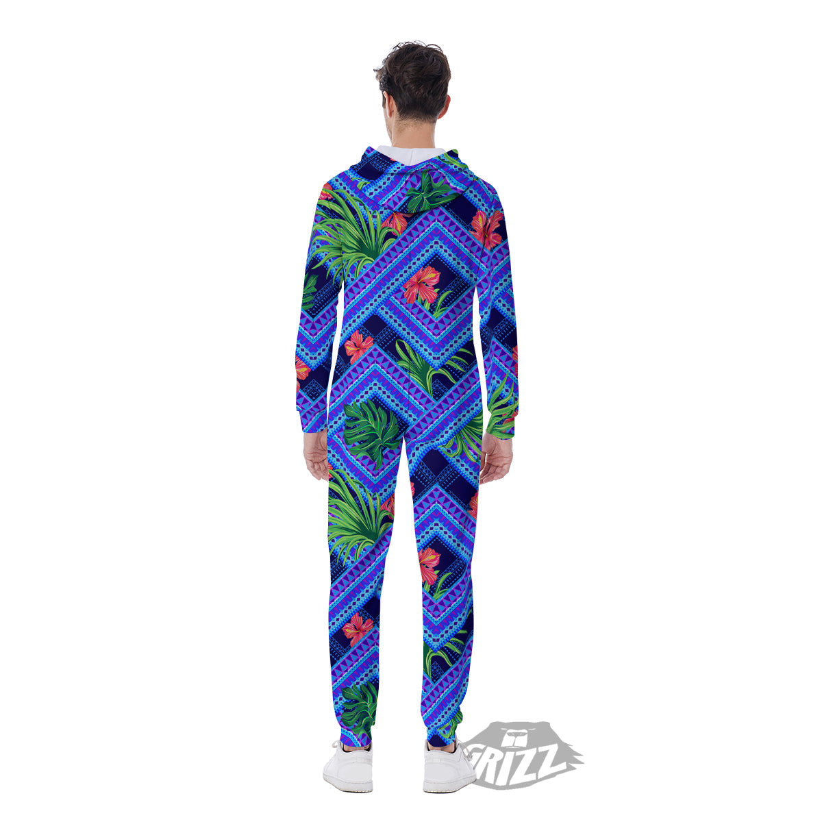 Aztec Tropical Hibiscus Flower Print Pattern Men's Jumpsuit-grizzshop