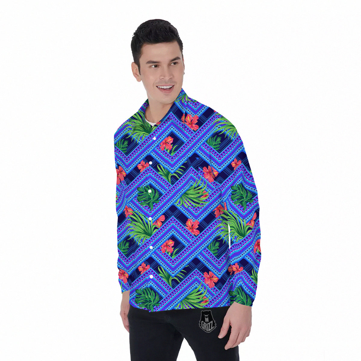 Aztec Tropical Hibiscus Flower Print Pattern Men's Long Sleeve Shirts-grizzshop