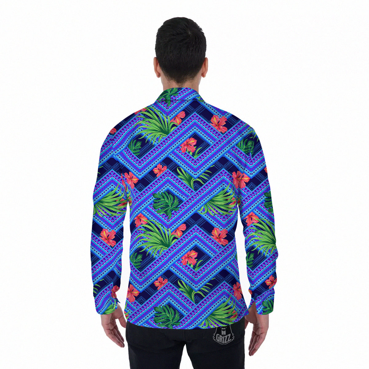 Aztec Tropical Hibiscus Flower Print Pattern Men's Long Sleeve Shirts-grizzshop