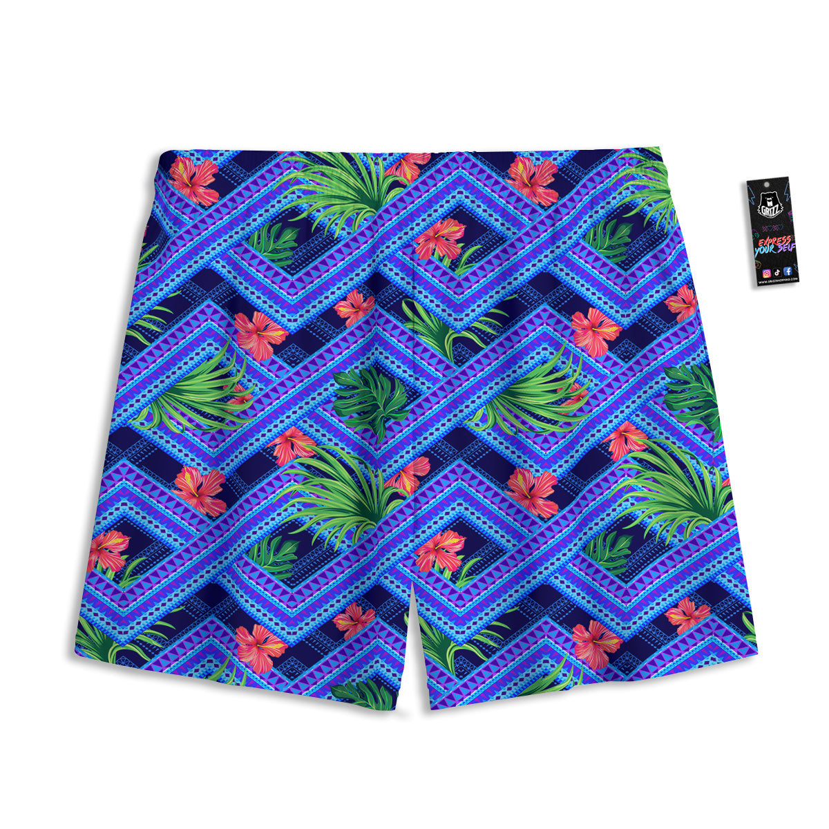 Aztec Tropical Hibiscus Flower Print Pattern Mesh Shorts-grizzshop
